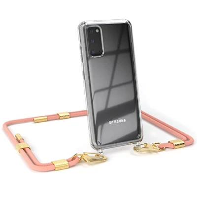 Abbildung von EAZY CASE kombinierbare Handyketten kompatibel mit Samsung Galaxy S20 / 5G, Transparente Silikon Hülle stylischen rundem Umhängeband, Abnehmbarer Karabiner, Handykordel, Korall Clips Gold