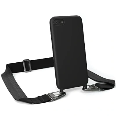 Abbildung von EAZY CASE Handykette Silikon mit Karabiner kompatibel iPhone SE (2022/2020) / 8/7 Handyhülle breitem Umhängeband, Handykordel, Kette für Smartphone, Schwarz Clips Silber