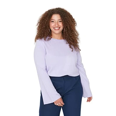 Abbildung von TRENDYOL Damen Pullover mit Rundhalsausschnitt, Einfarbig, Normale Passform, Übergröße Sweatshirt, Violett, XXL Größen