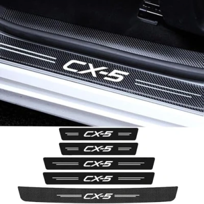 Abbildung von 5 Stück Auto Einstiegsleisten Schutz für Mazda CX CX5 2015 2020 2021 2022 2023, AutoTürschweller Kohlefaser Aufkleber Kofferraum