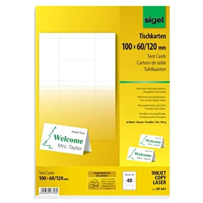 Abbildung von SIGEL DP047 bedruckbare Tischkarten weiß, 10 x 6 cm (auf A4), 40 Stück