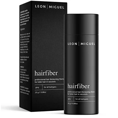Abbildung von LEON MIGUEL® Hair Fiber Haarverdichtung Premium Streuhaar/Schütthaar mit Soforteffekt bei Geheimratsecken, Haarausfall und lichtem Haar Haarpuder 25g (Grau)