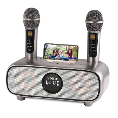 Abbildung von Karaoke Maschine,Bluetooth Anlage für Erwachsene und Kinder, Tragbares PA System mit 2 Mikrofonen,Lautsprecher Handyhalter/USB/TF Karte/AUX In,für Heimparty,Picknick,Outdoor/Indoor(Grau)