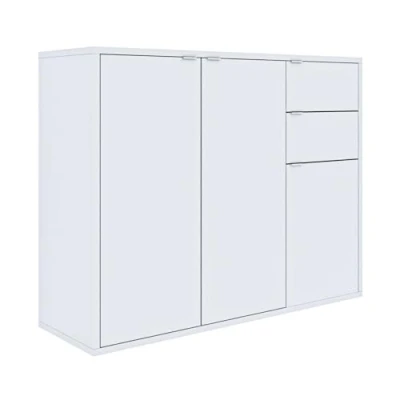 Abbildung von Home Collective Kommode mit 2 Schubladen Flur Schlafzimmer Wohnzimmer Organizer Highboard, 3 Türen 110 cm breit 80 hoch, weiß Holz Sideboard Schrank