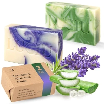Abbildung von lubiu Naturseife Duo Lavendelseife &amp; Aloe Vera Seife Ohne Palmöl Handgemachte Stück (2x100g) Duftseifen für alle Hauttypen Kinder Duschseife, Handseife Gesichtsseife Natural Soap