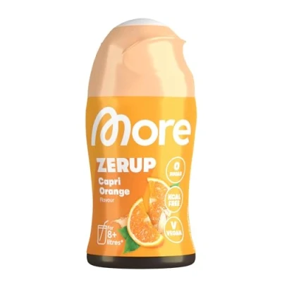 Abbildung von MORE Zerup, Capri Orange, 65 ml, für bis zu 8 l Fertiggetränk, zuckerfreier Sirup mit echten Fruchtextrakten, vegan, zero Kalorien made in Germany