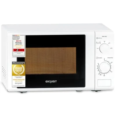 Abbildung von Exquisit Mikrowelle 20L, 700 Watt, Einfache Bedienung, 25,5cm Drehteller, 5 Leistungsstufen, Timer, Auftaufunktion, 2 Drehregler, MW 802 weiss
