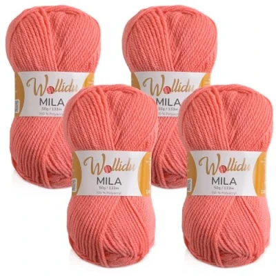 Abbildung von Wollidu Mila Garn zum Häkeln und Stricken 4 x 50g/133m Strickgarn 100% Polyacryl Häkelgarn Lachs