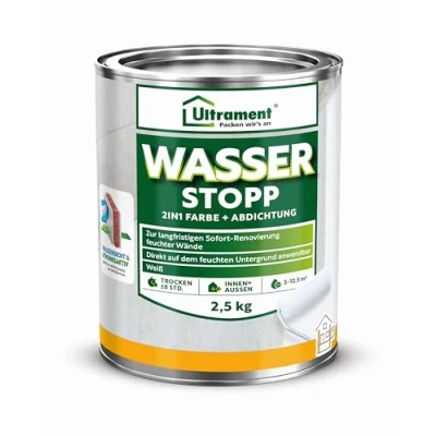 Abbildung von ULTRAMENT Fugenmörtel Wasser Stopp, 2in1 Farbe und Abdichtung, weiß, 2,5 Kg