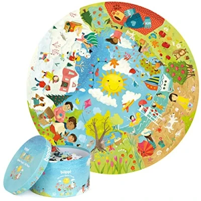 Abbildung von boppi Jahreszeiten Rundes Jigsaw Puzzle aus 100% recyceltem Karton, Frühling, Sommer, Herbst und Winter Szenen, 150 Teile für Kinder 3 4 5 6 7 8 Jahre, 58cm Durchmesser