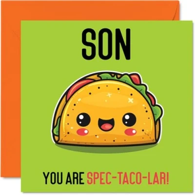 Abbildung von Stuff4 Geburtstagskarte für Sohn Spec Taco lar lustige Happy Birthday Karte von Mama Papa Geburtstagsgeschenke, 145 mm x Witz Grußkarten Männer und Ihn