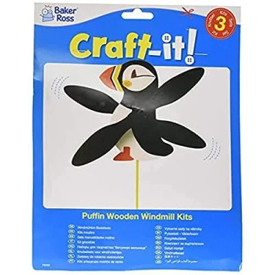 Abbildung von Baker Ross FE202 Bastelset Windrad in Papageientaucher Design, Kunst und Bastelprojekte für Kinder, Holzhandwerk Kinder zum Dekorieren, Personalisieren Präsentieren, 3 Stück