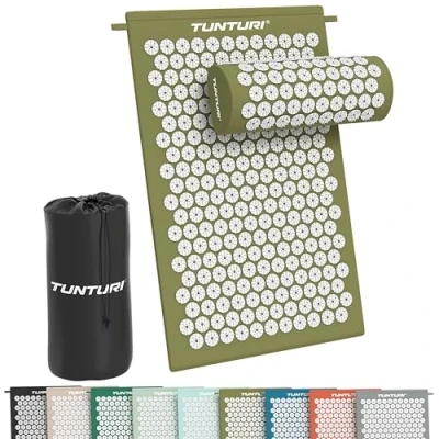 Abbildung von Tunturi Akupressurmatte mit Kissen Akupunktur Matte Stachelmatte für Rücken, Nacken, Fuße, Ganzkörper 2in1 Nagelmatte Anti Stress 68x42x2cm Armeegrün