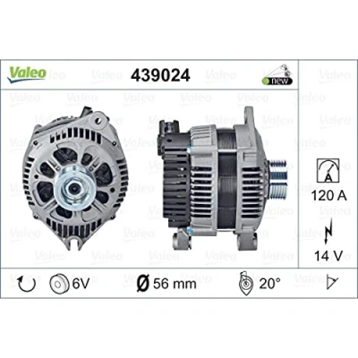 Abbildung von VALEO 439024 Lichtmaschine 14V 120A FIAT: Ducato II Kastenwagen, Pritsche/Fahrgestell, Bus, PEUGEOT: 206 Schrägheck, 308 I SW