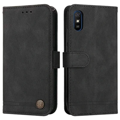 Abbildung von SEAHAI Hülle für Xiaomi Redmi 9AT / 9A Handyhülle, Premium PU Leder Flip Brieftasche Schutzhülle mit Standfunktion/Kartenfach/Magnetisch Stoßfeste Lederhülle Ultra dünn Klapphülle Schwarz