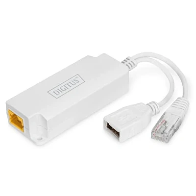 Abbildung von DIGITUS PoE Splitter RJ45 Eingang auf Stecker &amp; USB A Buchse 10/100 Mbit/s IP40 Schutzklasse Standard IEEE802.3at 100m Reichweite Cat5e, Cat6, Cat6A