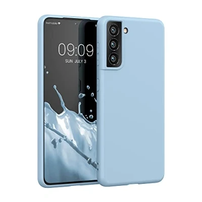 Abbildung von kwmobile Hülle kompatibel mit Samsung Galaxy S21 gummierte TPU Silikon Handyhülle Schutzhülle für kabelloses Laden Case in Pastellblau