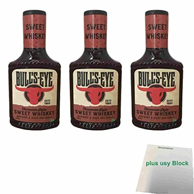 Abbildung von Bull&#039;s Eye Sweet Whiskey Marinade &amp; Glaze BBQ Sauce 3er Pack (3x 300ml Flasche) + usy Block
