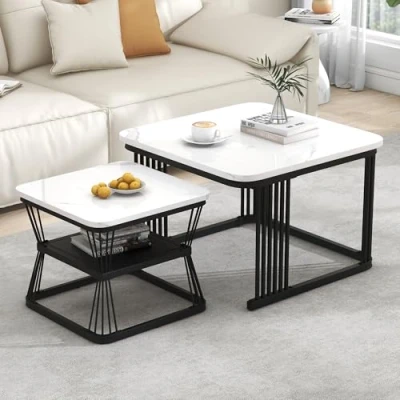 Abbildung von Merax Quadratisch Couchtisch 2er Set, Moderne Wohnzimmertisch mit Marmormuster, Matt Satztisch Stauraum, für Wohnzimmer, Balkon und Büro, Metallgestell, Schwarz Weiß