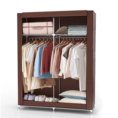 Abbildung von INTIRILIFE Faltschrank 108x45x170 cm in BRAUN Stoffkleiderschrank mit Reißverschluss und Kleiderstange, Seitentasche Fächern Steckregal, Metallrahmen, Aufbewahrung