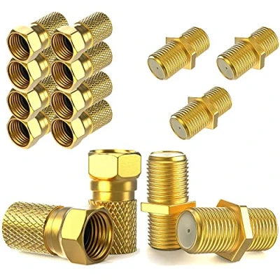 Abbildung von F Stecker 7mm 10x + Verbinder 5X vergoldet Gummidichtung breite Mutter schraubbar Verlängerung für Koaxial Antennenkabel Koax SAT Kabel BK Anlagen Satelliten LNB Set