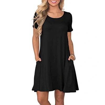 Abbildung von AUSELILY Damen Kleider Sommer Kurzarm Shirtkleider Kurz Sommerkleider Leicht Freizeitkleid mit Taschen Schwarz L