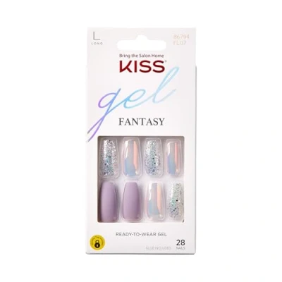 Abbildung von KISS Gel Fantasy Glue On Nails, künstliche Fingernägel, Lavendel Glitzer, lange Länge, Coffin Form
