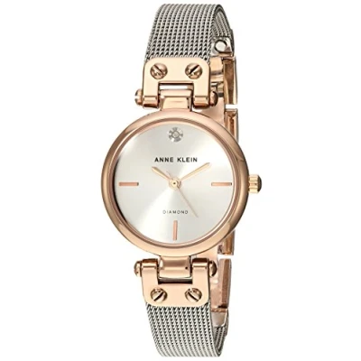 Abbildung von Anne Klein Damen Armbanduhr mit echtem Diamant Zifferblatt und goldfarbenem Mesh Armband