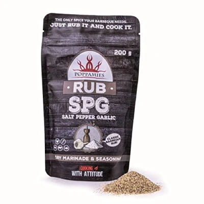 Abbildung von Poppamies Salz Pfeffer Knoblauch RUB, Trockenmarinade &amp; Gewürz Perfekt für Huhn, Gemüse, Fisch, Rind und Schweinefleisch Ideal Grill, Ofen, Kessel Pfanne Großpackung (200g)
