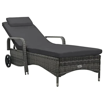Abbildung von vidaXL Sonnenliege mit Rädern, Gartenliege Stahlgestell, Relaxliege für Garten Terrasse Pool, Strandliege Gartenmöbel, Braun Poly Rattan
