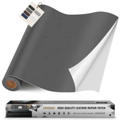 Abbildung von FBKOQKU Leder kunstleder selbstklebend, 40 x 200cm Reparatur set, Kit für Möbel, Sofa, Autositze, Taschen, und Renovierung(Glatt Schwarz grau)