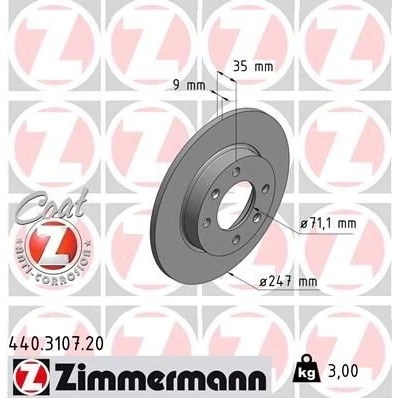 Abbildung von ZIMMERMANN COAT Z 440.3107.20 Bremsscheibe 247 9 6/4 4 108 voll beschichtet CITROËN: C2 Schrägheck, C4 I C3 II, PEUGEOT: 307 CC