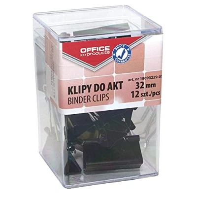 Abbildung von Office Products Foldback Klammern 32 mm / 12 Stück/aus Metall/Schwarz/Silber/Unempfindlich Gegen Verformung/Büroklammern Papierklammern/Transparentbox