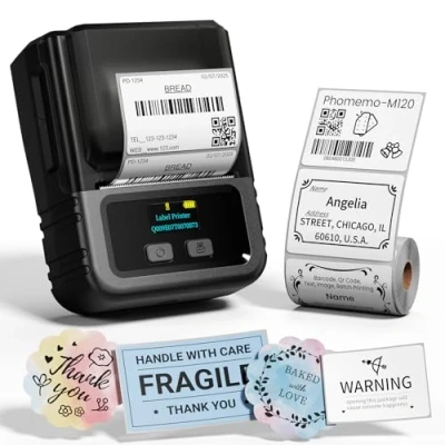Abbildung von Phomemo M120 Etikettendrucker Bluetooth, Mini Labeldrucker Sticker Drucker Etikettiergerät für Barcode, QR Code, Einzelhandel, Kleinunternehmen, Kompatibel mit Smartphone&amp;PC, Schwarz