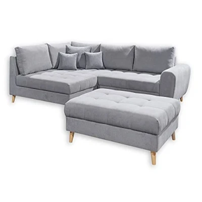 Abbildung von Stella Trading ALICE Ecksofa mit Hocker, Stoffbezug Hellgrau Moderne Eckcouch Kissen &amp; Massivholz Füßen 249 x 94 175 cm (B/H/T)