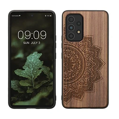 Abbildung von kwmobile Hülle kompatibel mit Samsung Galaxy A53 5G Holz Case Handy Cover TPU Handyhülle in Dunkelbraun Halbblume