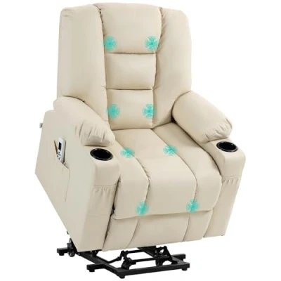 Abbildung von HOMCOM Massagesessel Sessel mit Aufstehhilfe, USB Anschluss, Fernbedienung, Rollen (Relaxsessel, 1 St., Fernsehsessel), für Wohnzimmer, Creme