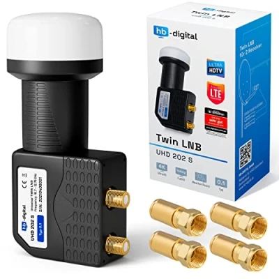 Abbildung von hb Digital Twin LNB (Test SEHR GUT) LNC Kopf 2 Teilnehmer Direkt LTE Protected Satelliten Sat Full HD TV 3D 4K UHD Kontakte vergoldet Wetterschutz Schwarz Black + 4X F Kompressionsstecker