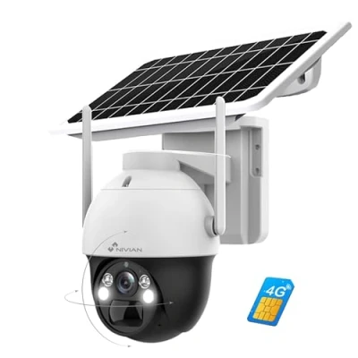 Abbildung von NIVIAN 4G Überwachungskamera 360 Grad mit Solarpanel 7W, 18000mAh 2K HD, Bewegung &amp; Menschenerkennung, Nachtsicht LEDs Wetterfest IP66, Kunststoff, Kuppel