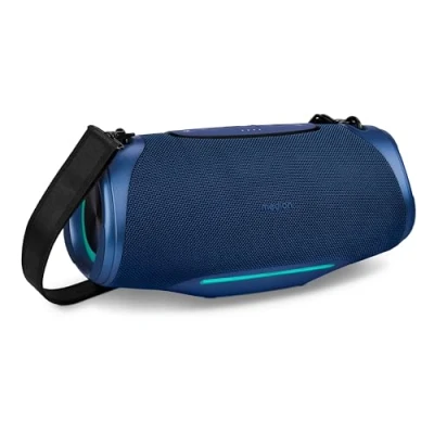 Abbildung von MEDION P61762 tragbarer Bluetooth Lautsprecher (Akku, Bass Boost, Musikbox, RGB Lichteffekte, IPX7 Wasserschutz &amp; robust, integrierte Powerbank, 2X 25 W RMS) Blau