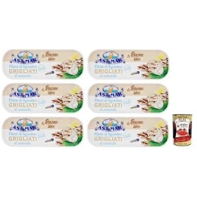 Abbildung von 6x AS do MAR Filetti di Sgombro Grigliati al Naturale,Natürliche Gegrillte Makrelenfilets und Vollsalz,120g Dose + Italian Gourmet Polpa Pomodoro 400g