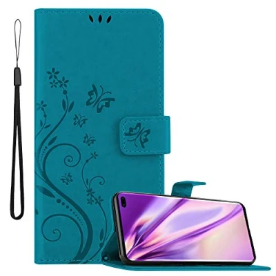 Abbildung von Cadorabo Hülle kompatibel mit Samsung Galaxy S10 Plus Blumen Design aus Kunst Leder Flip Klappbare Stoßfeste Magnetische [Standfunktion] [Kartenfächern] Cover für Tasche in Blau
