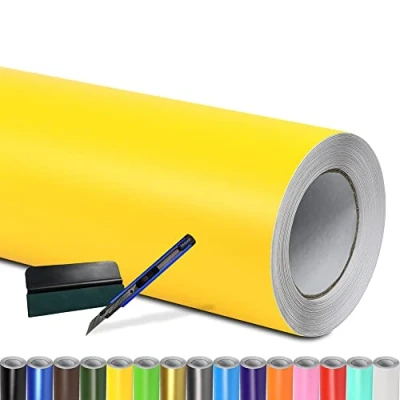 Abbildung von Folindo® Autofolie Gelb Matt (9/m²) 5 x 1,52 m + Rakel &amp; Cutter Selbstklebende Luftkanal Folie zur Auto Folierung Blasenfrei