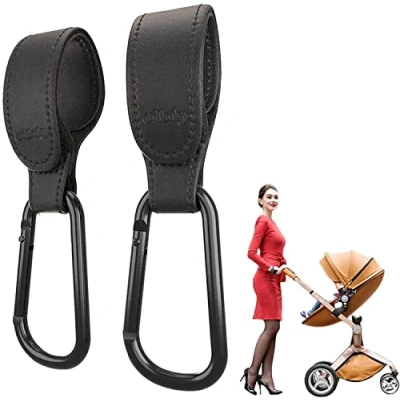 Abbildung von Edibaby, Kinderwagen Haken, Zubehör, aus Leder, 2 Stück, Universell Einsetzbar, Karabinerhaken für zum Aufhängen von Taschen, Rucksäcken, Geldbörsen usw. (Schwarz)