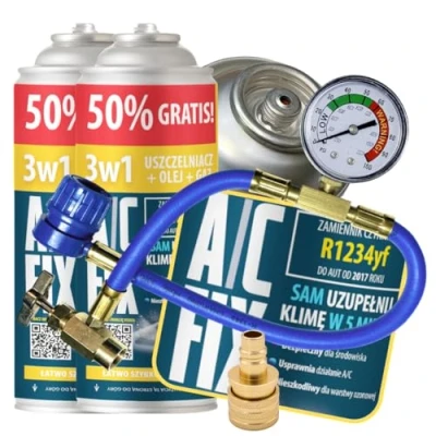 Abbildung von A/C FIX 3in1 R1234yf kältemittel Ersatzgas Kühlmittel Klima Auto Gasflasche 2x235 g Klimaanlage Nachfüllset Wohnmobil Schlauch Manometer ECO