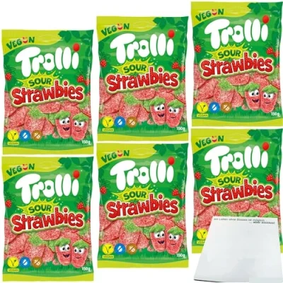 Abbildung von usy Bundle für Trolli Sour Strawbies sauer gezuckerte Fruchtgummi Erdbeeren 6er Pack (6x150g Packung) + Block