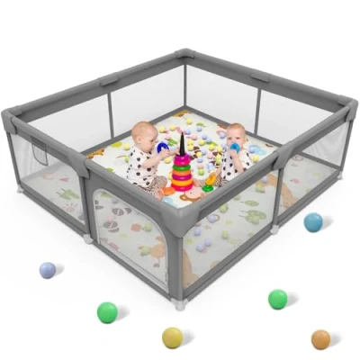 Abbildung von Palopalo Laufstall Baby 127x127cm, Laufgitter für Babys und Kleinkinder, mit Reißverschlusstür Atmungsaktivem Netz, 300D Oxford Geweb, Dunkelgrau