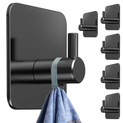 Abbildung von 4smile Handtuchhalter ohne Bohren, 6er Set Schwarze Edelstahl Klebehaken als Handtuchhaken, wasserdichte Haken selbstklebend Rostfreie Badezimmer Handtuchhalter, für Bad und Küche