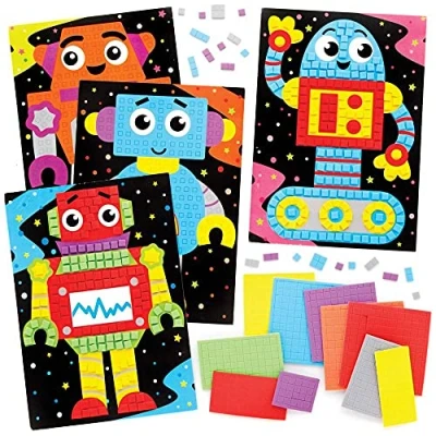 Abbildung von Baker Ross Mosaikbilderset für Roboter FE401, Mosaikfliesen zum Basteln, Mosaiksets Kinder, kreative Beschäftigung 4er Pack, Mittel