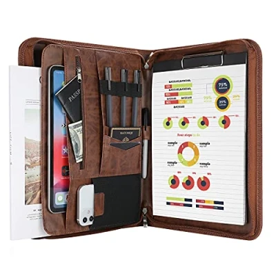 Abbildung von ProCase A4 Schreibmappe PU Kunstleder Konferenzmappe Portfolio mit Reißverschluss Klemmbrett Notizblock Business Dokumentenmappe, leichtes, langlebiges Material Braun